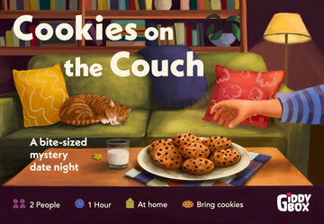Illustrated artwork for the Cookies on the Couch date night kit, showing a couch in the background, plate of cookies on a table in front of the couch, and a hand reaching toward the cookies.