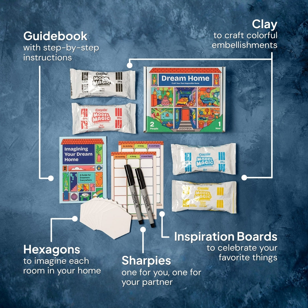 A product infographic for the Dream Home kit with labeled callouts, showing: a guidebook with step-by-step instructions, hexagon tiles to create the rooms in your home, sharpies for writing, four packs of clay to craft colorful embellishments (red, blue, yellow, and white clay), and two inspiration board cards (to celebrate your favorite things).