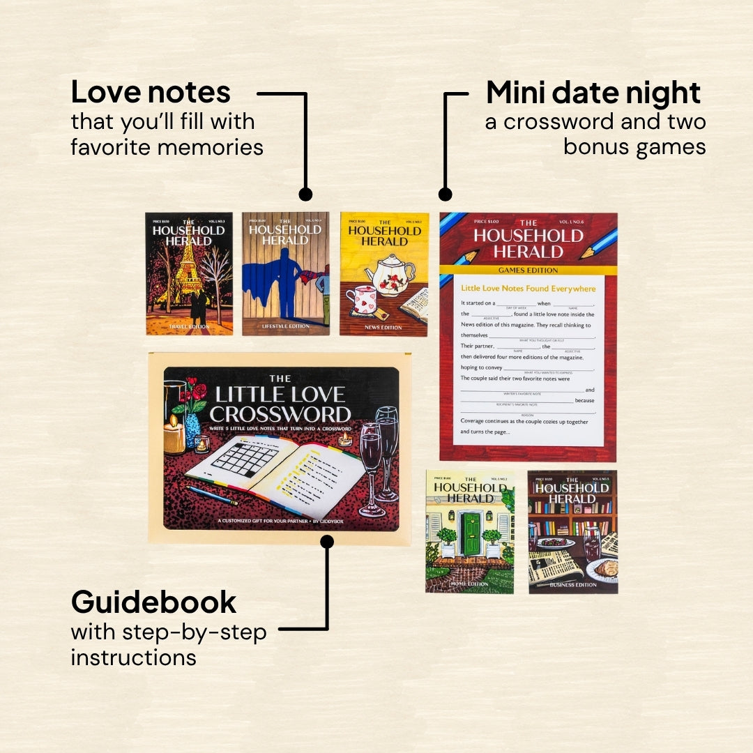 A product infographic for The Little Love Crossword kit with labeled callouts, showing: a guidebook with step-by-step instructions, five little love notes (designed as little magazines titled "The Household Herald," that you'll fill with favorite memories), and a mini date night card (with a mad lib on the front, a crossword puzzle in the middle, and a bonus game on the back).