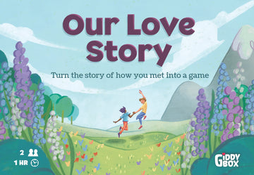 Illustrated artwork for the Our Love Story date night kit, showing a couple skipping in a field of flowers.
