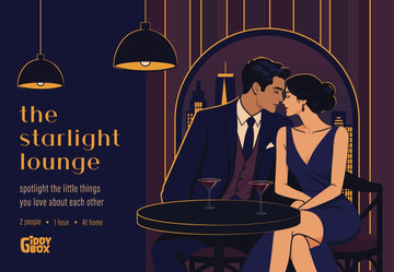 Illustrated artwork for The Starlight Lounge date night kit, showing a couple seated at a table in a jazz bar, with cocktails.
